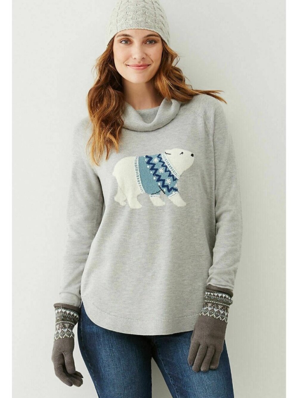 J. JILL Polar Bear Cowl Neck Pullover Sweater Heather Gray Size M